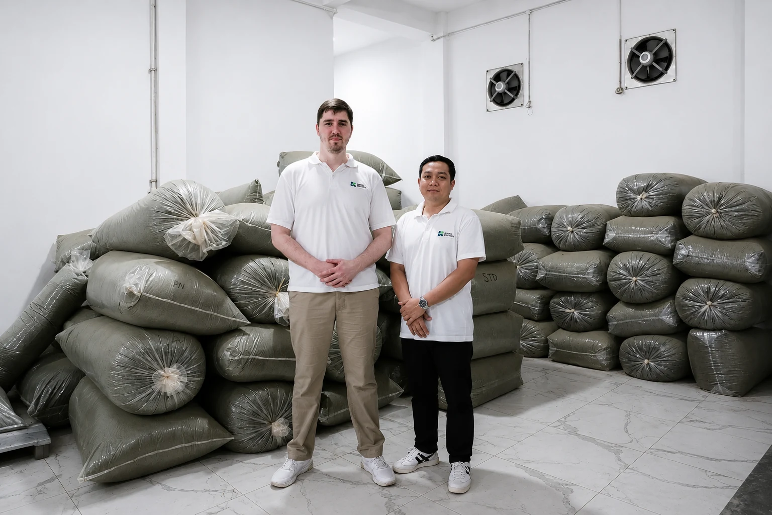 Adam and Theo at the Indonesia packing facility